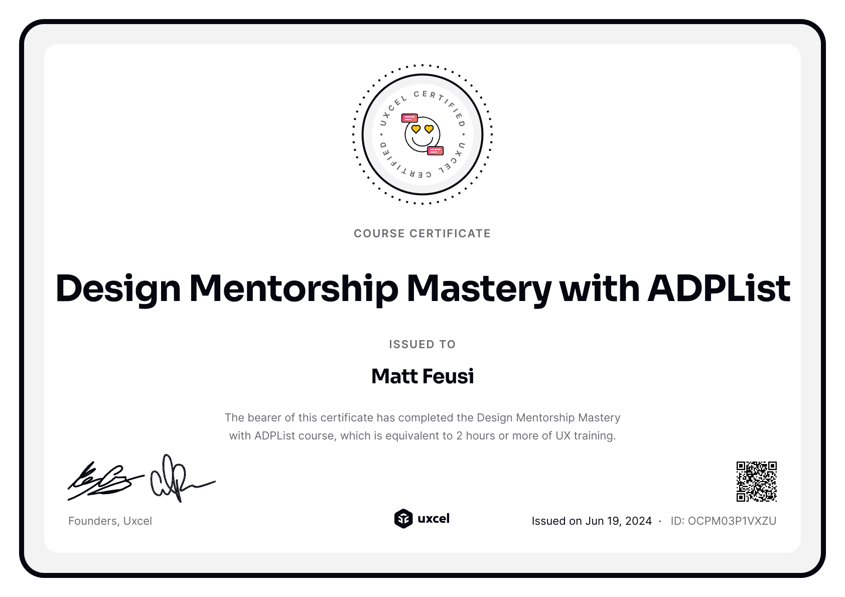 Matt Feusi's certificate